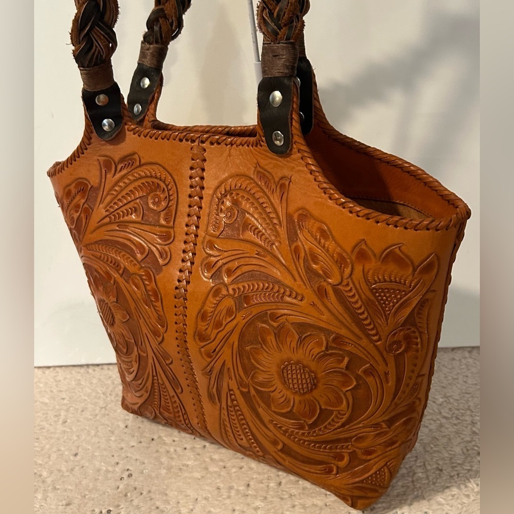 Alejandro Yeo Brown Leather Shoulder bag braided handle structured tote tooled - Picture 7 of 14
